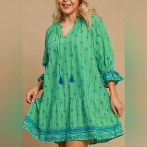 Umgee Tassel Embroidered Flounce Sleeve Mini Dress with blue embroider Size 2XL